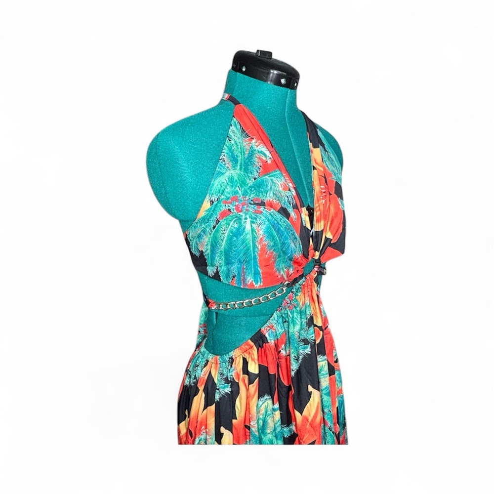 Tropical Halter Maxi Dress Backless Waist Chain Split Thigh - Picture 6 of 13